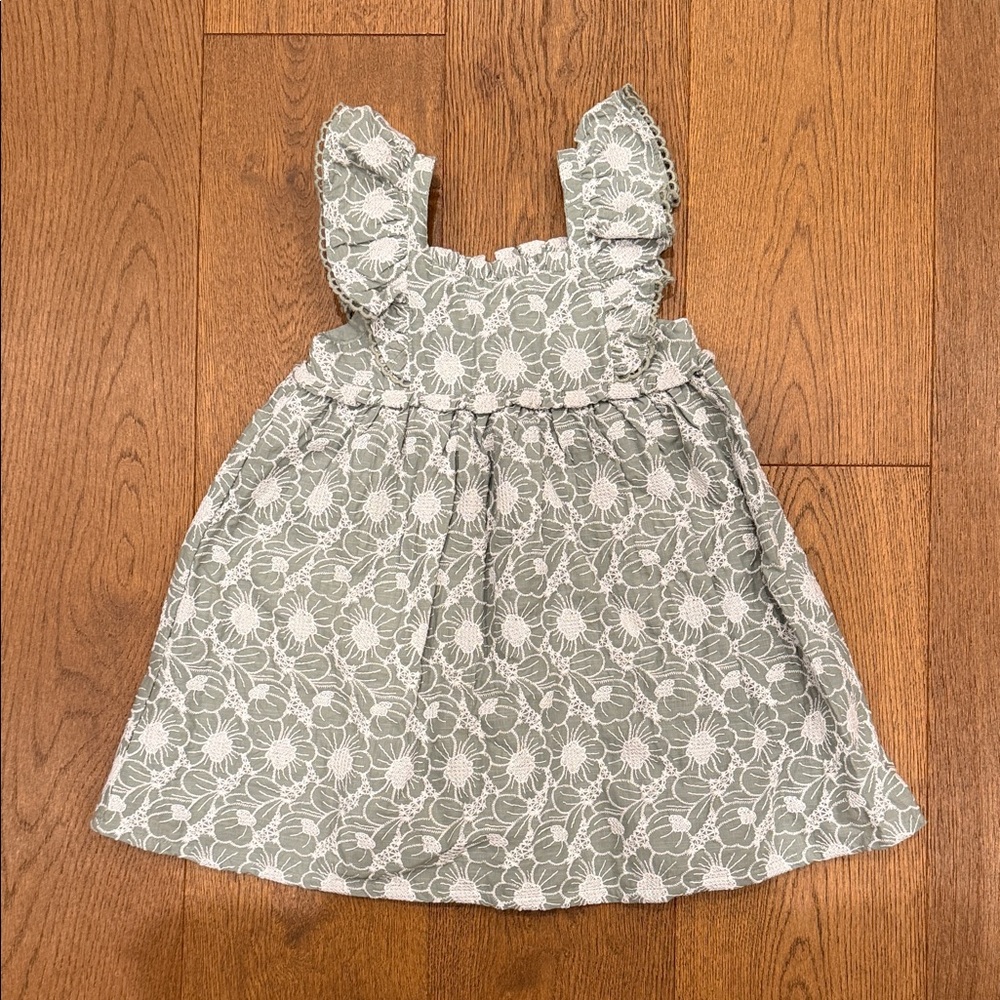 Girls Sage Green Floral Ruffle Strap Dress